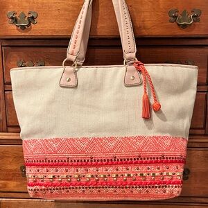 Stylish Beige and Coral Tote Bag